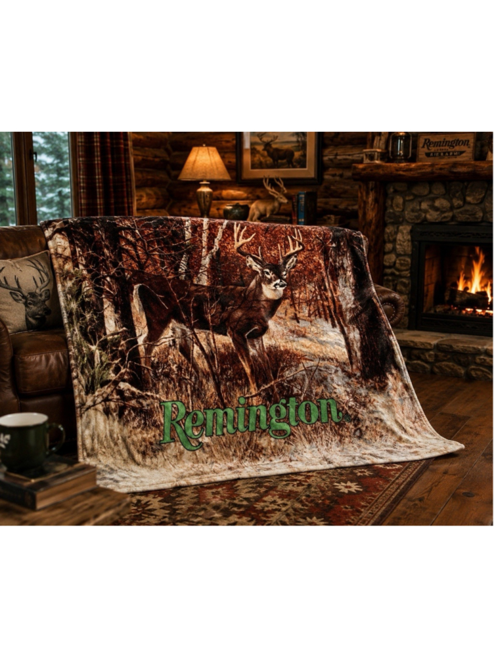 Remington Deer Hunting Throw Blanket Fleece Buck Woodland Camo Cabin Lodge